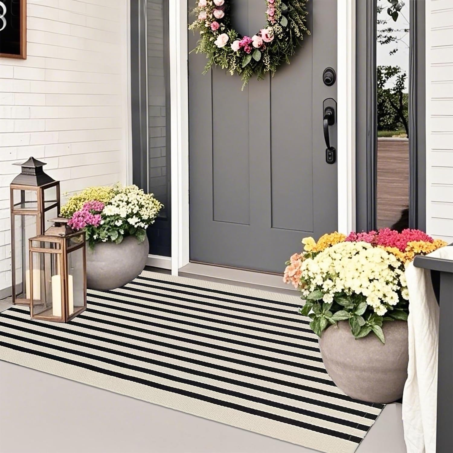 Black and Beige Striped Outdoor Rug 27.5” X 43” Front Door Rug,Washable Cotton