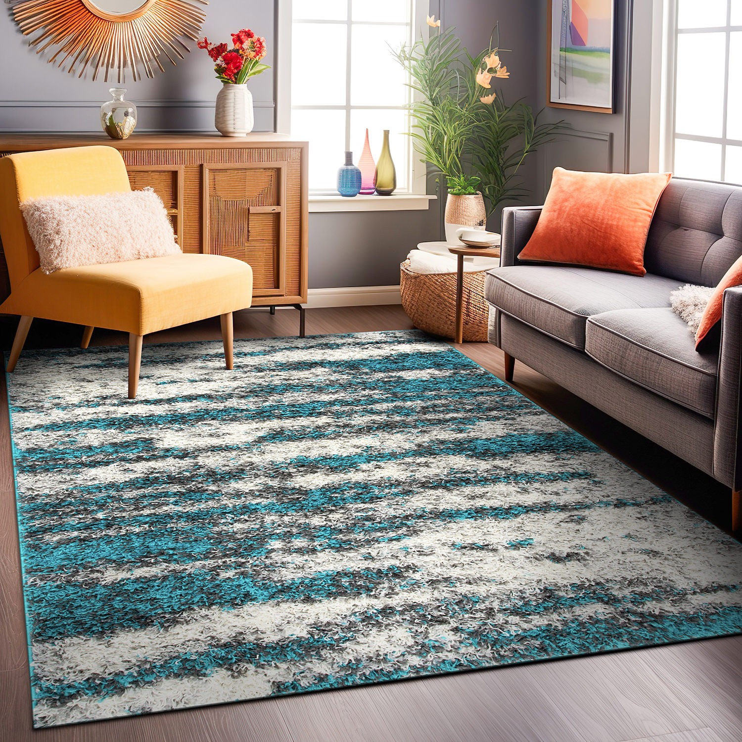 Rugshop Area Rug Modern Abstract Design Plush Shag Rugs Turquoise Rug 5×7 Carpet