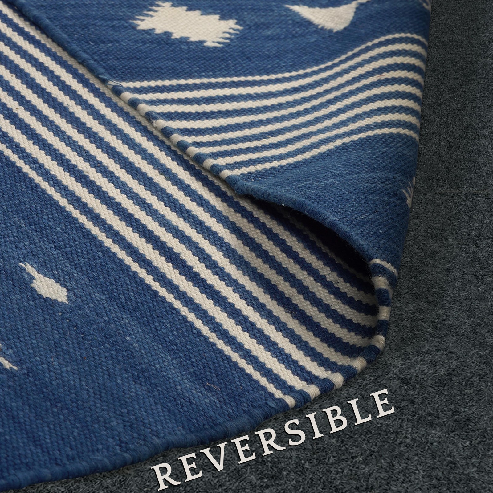 5×7 Cotton Dhurrie Rug Blue White Handwoven Indian Flatweave Reversible Area rug