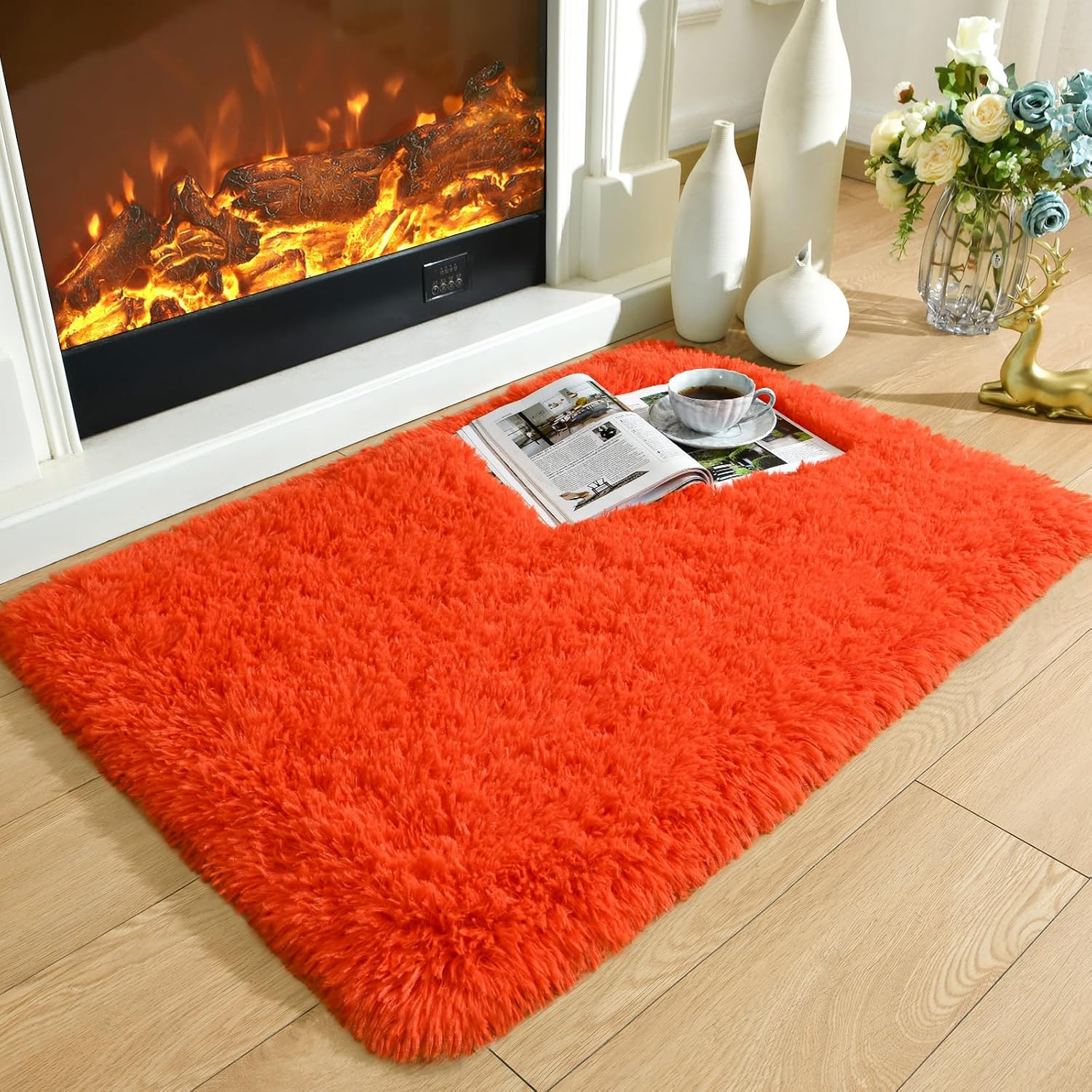 Fluffy Rug Shaggy Area Rug, Orange Red 2×3 Small Rugs for Fireplace Holiday Dear