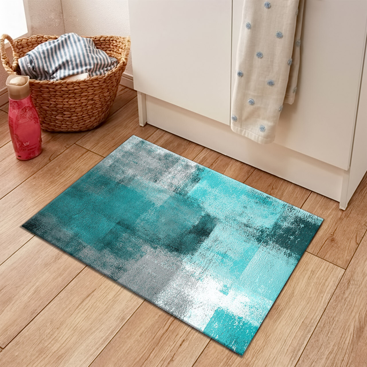 Teal Blue Abstract Geometric on Gray Kitchen Mats for Floor Washable Rugs