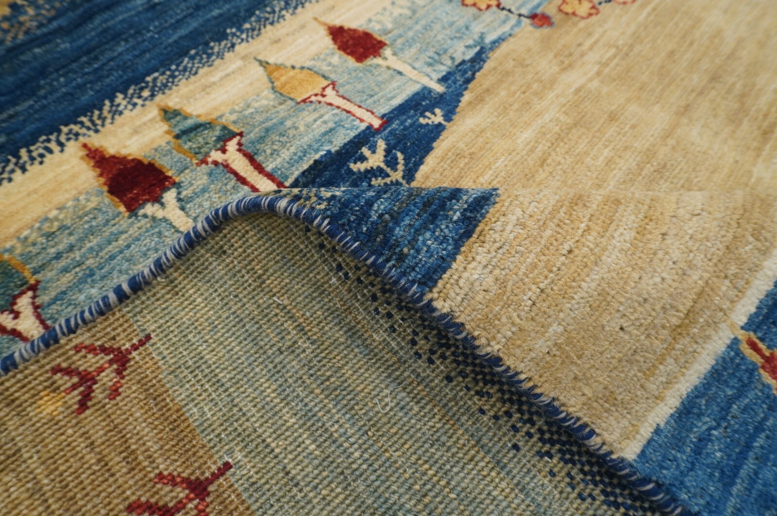 9 x 12 ft Navy Blue Beige Landscape Gabbeh Tribal Afghan Hand Knotted Area Rug