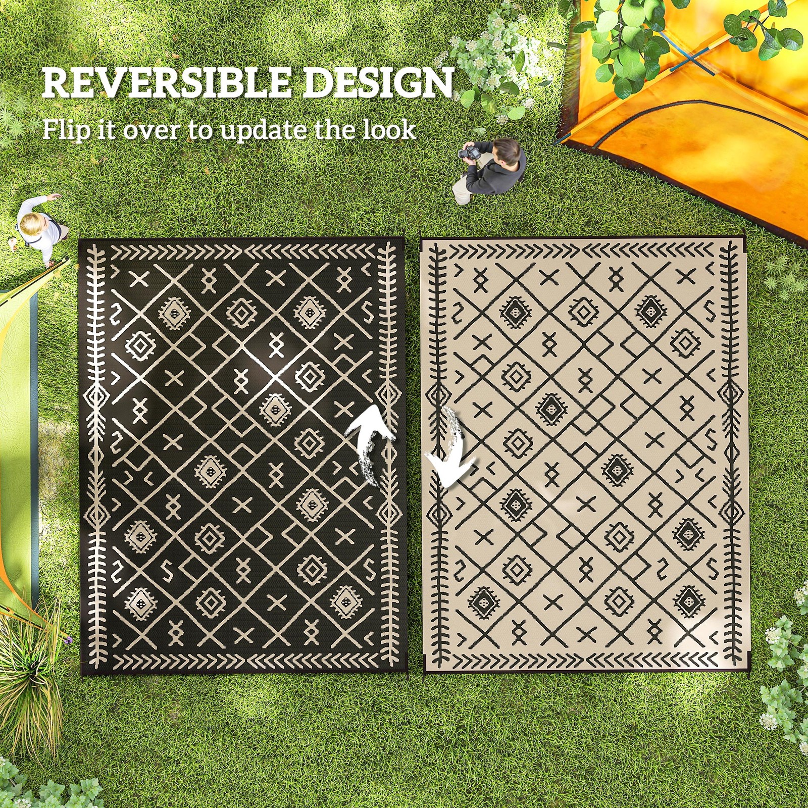 Black Beige Rhombus Outsunny Outdoor Rug, 9′ x 12′ Floor Mat