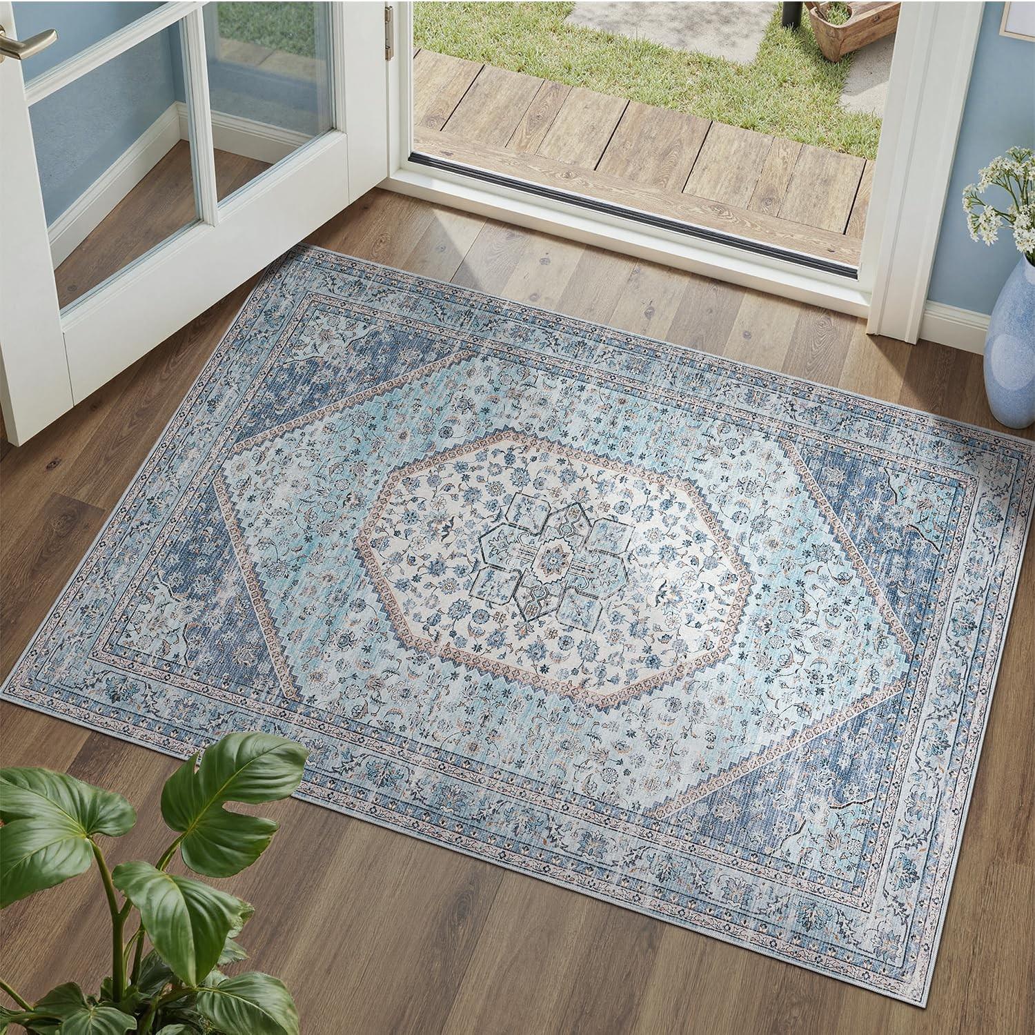 Machine Washable Blue Entryway Rug 2×3, Non Slip Stain Resistant Vintage Flor…