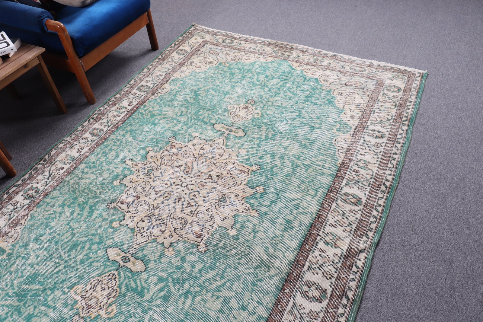 5,4×9 ft Rug, Turkish Vintage Large Rug, Green Rug Wool Rug