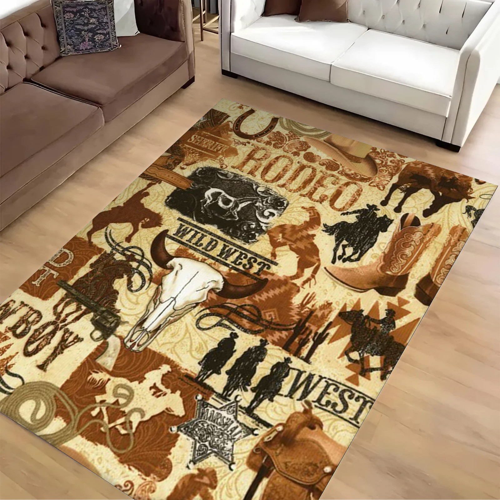 Wild West Cowboy Rug with Rodeo Bull Skull Boots Sheriff Star Western Carpet
