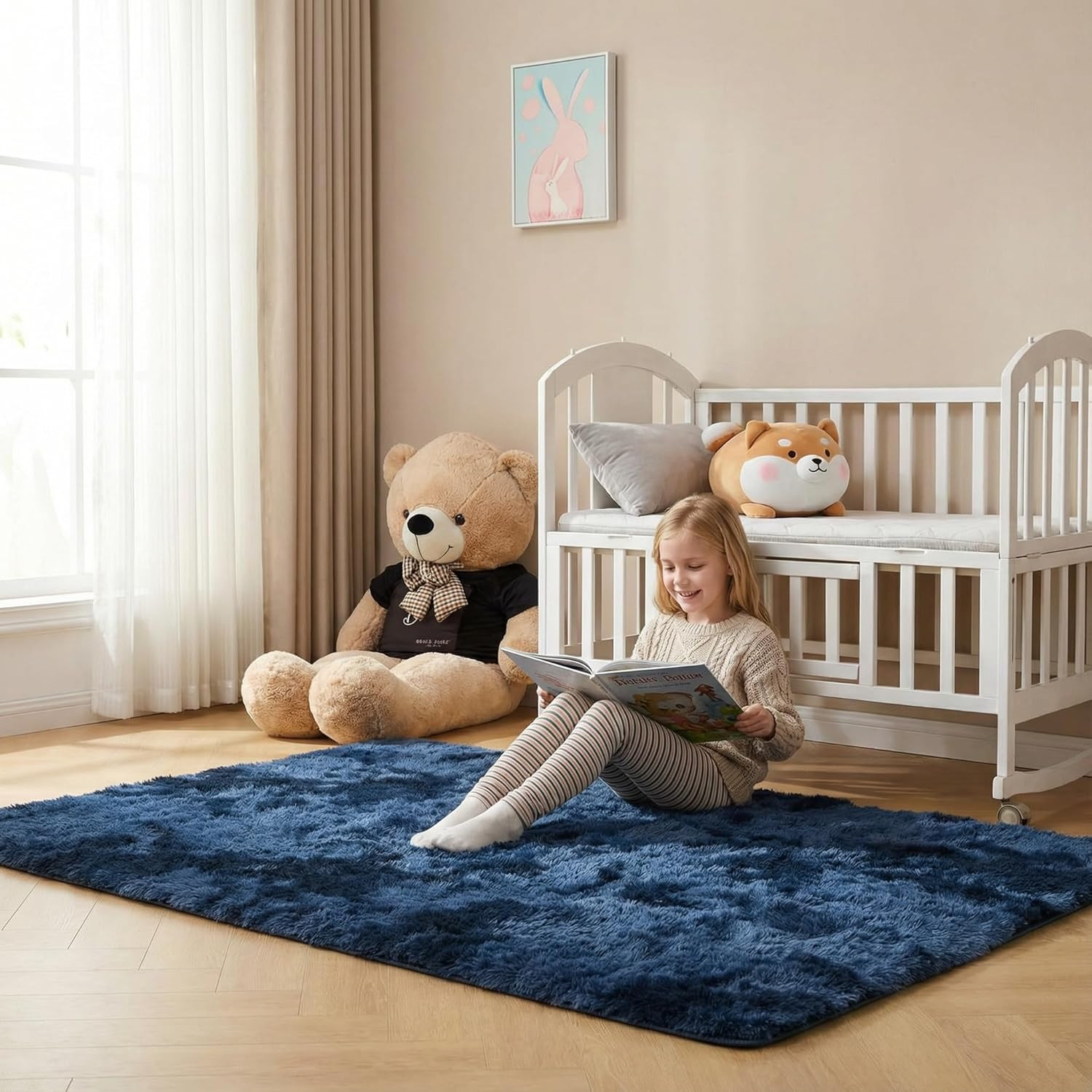 Navy Blue Fluffy Bedroom Rug 3X5 Ft, Tie-Dye Shag Plush Area Rug for Nursery Pla