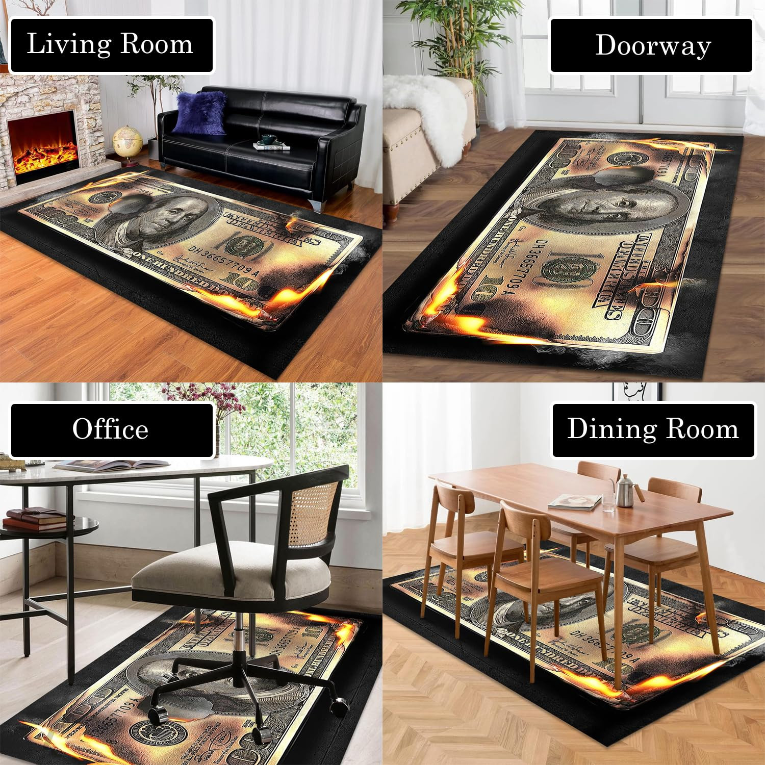 Money Area Rug 4×6 Burning 100 Dollar Bill Living Room Rugs Non Skid Modern C…