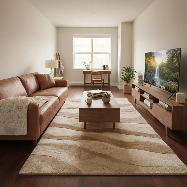 Handmade Wool Area Rug, Beige Cream Wavy Abstract, Coastal Decor rug