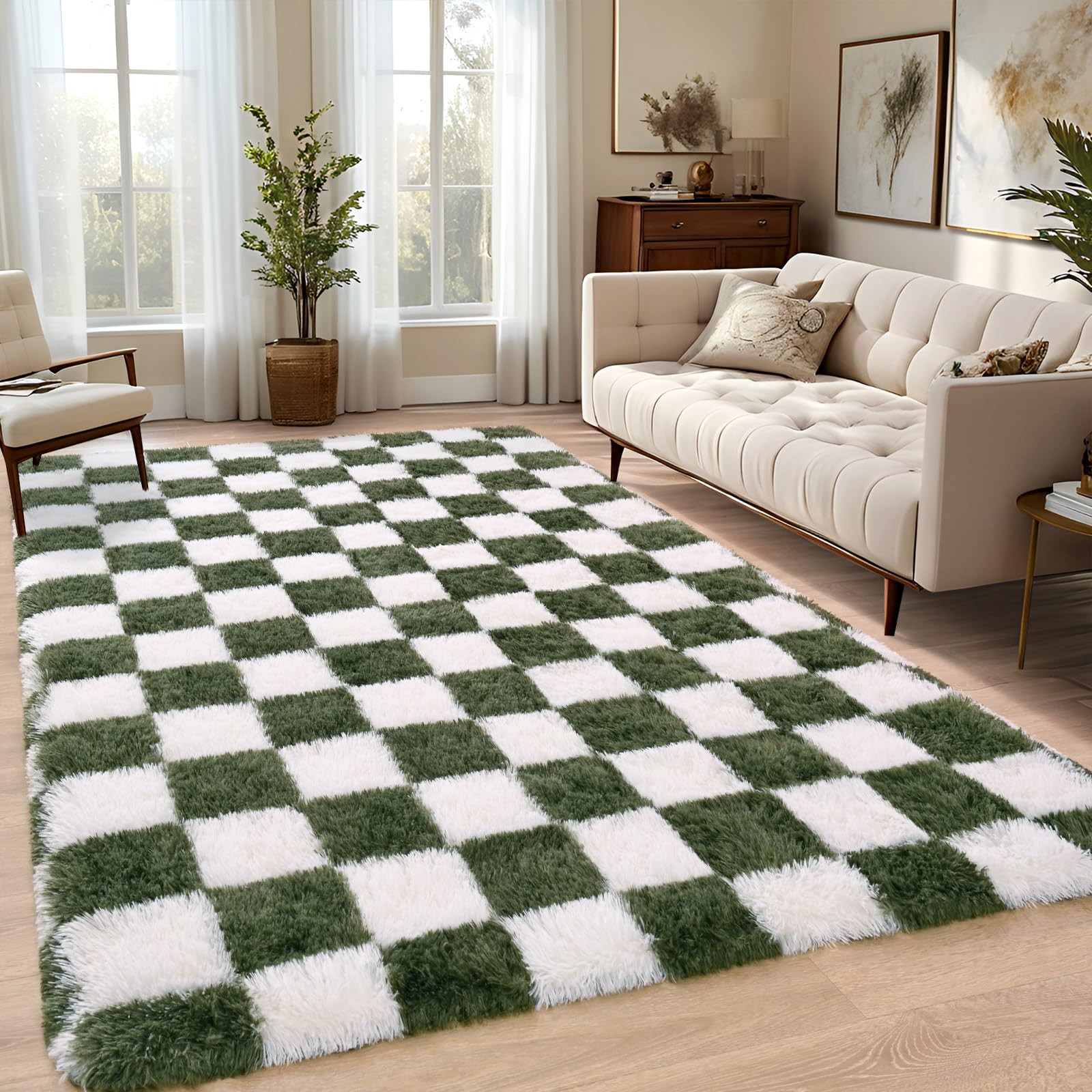 Larhom Nuttumico Large Fluffy Plaid Area Rug For Bedroom 6X9 Feet Olive Green