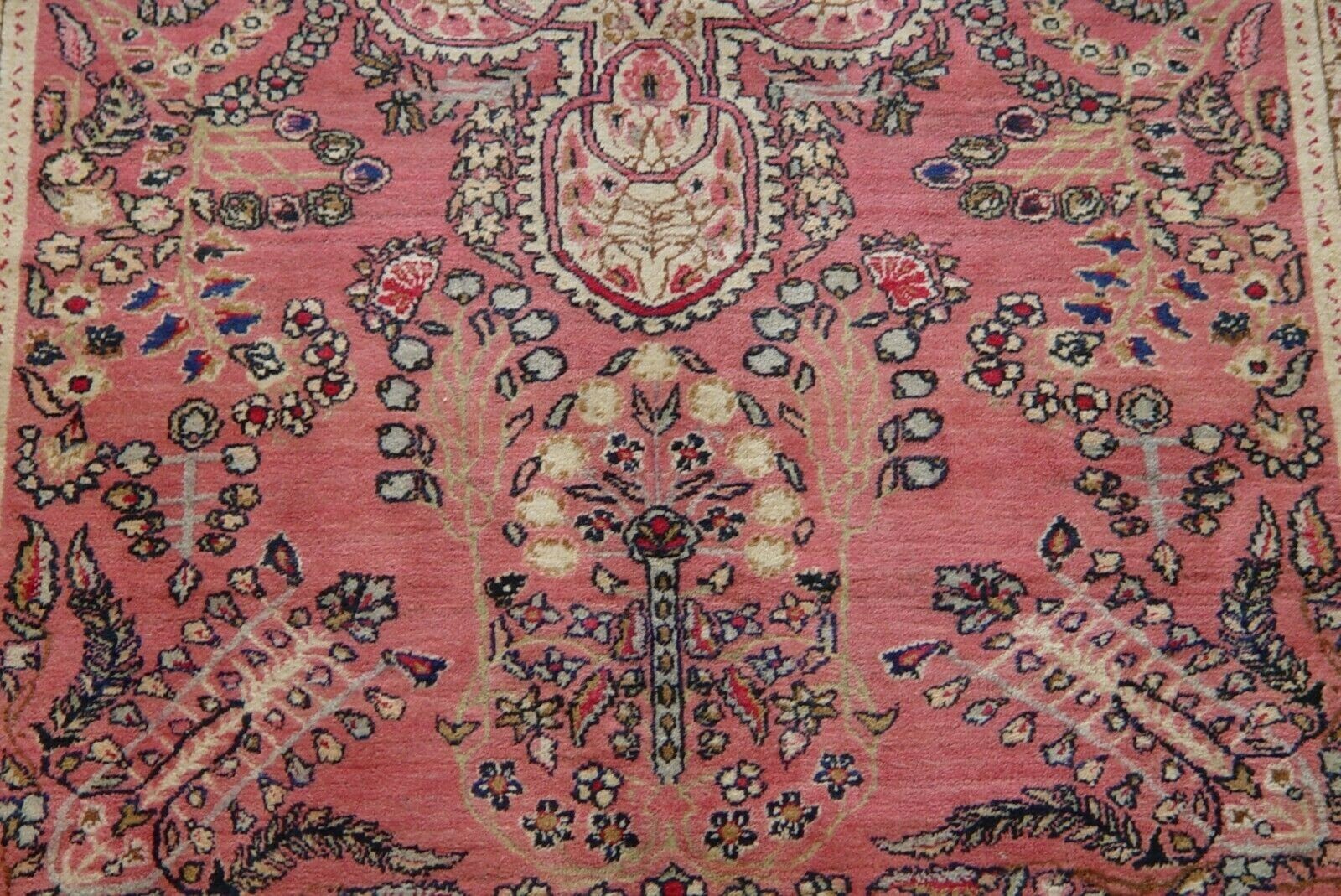 Antique 1880s Kermann Hand Knotted Wool 4’3″ x 6’5″ Pink Rose Oriental Rug