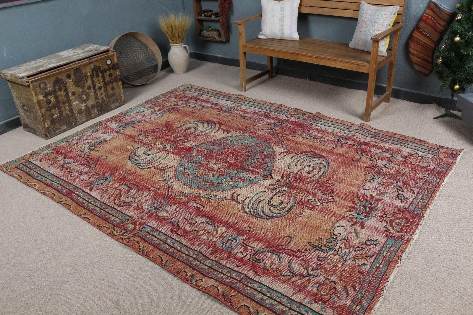 Vintage Turkish Rug, 6,2×8,3 ft Rug, Red Blue Bordered Wool Rug