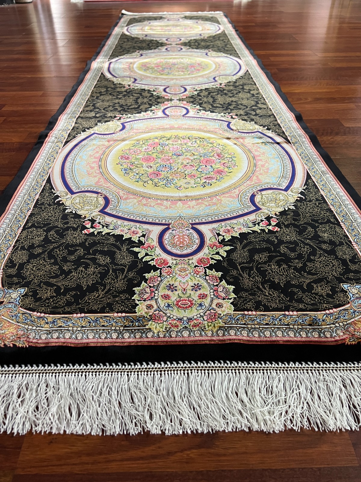3×10 ft Black Turkish Medallion Runner Rug – Hallway Modal Silk Handmade Fringe
