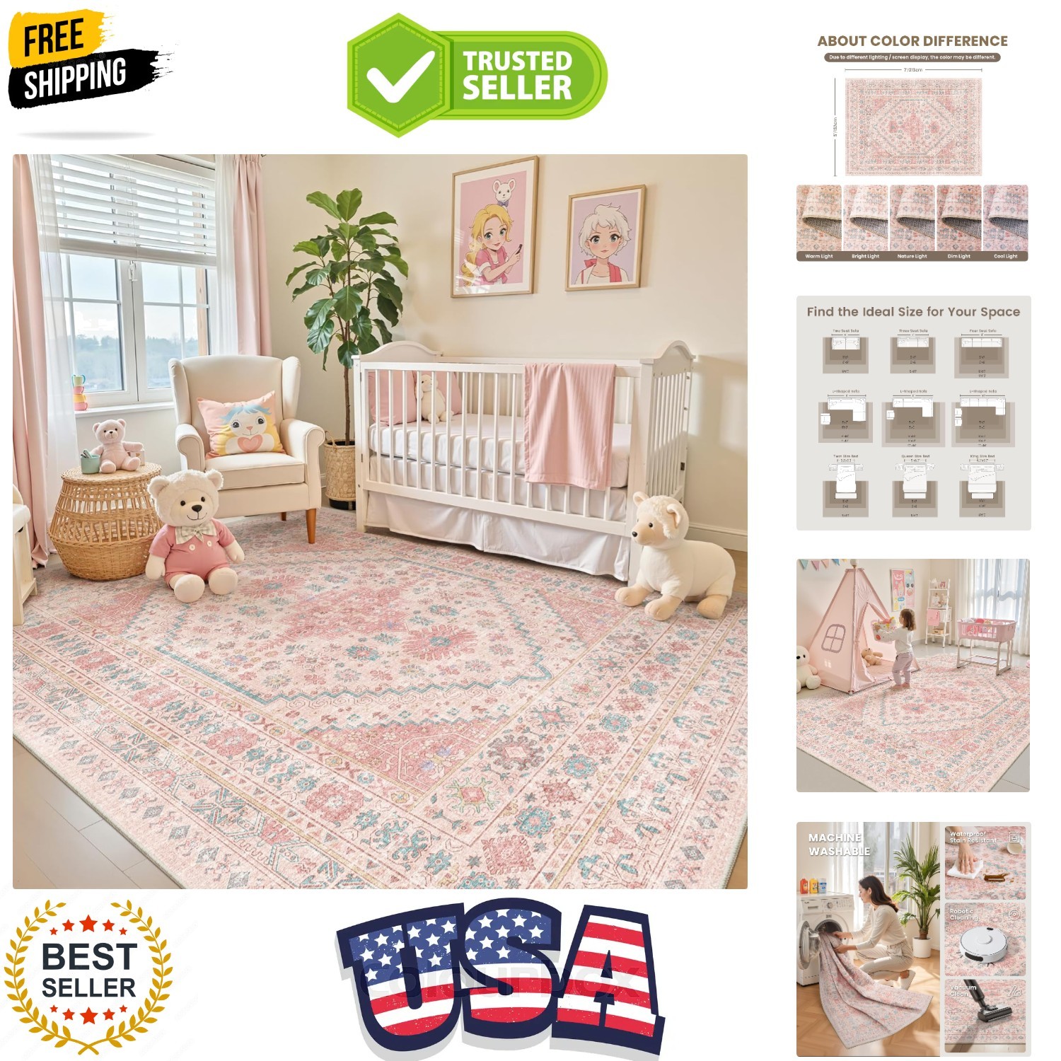 Pink Rug – 5×7 Area Rugs for Bedroom, Stain Resistant Washable Rugs for Nurse…