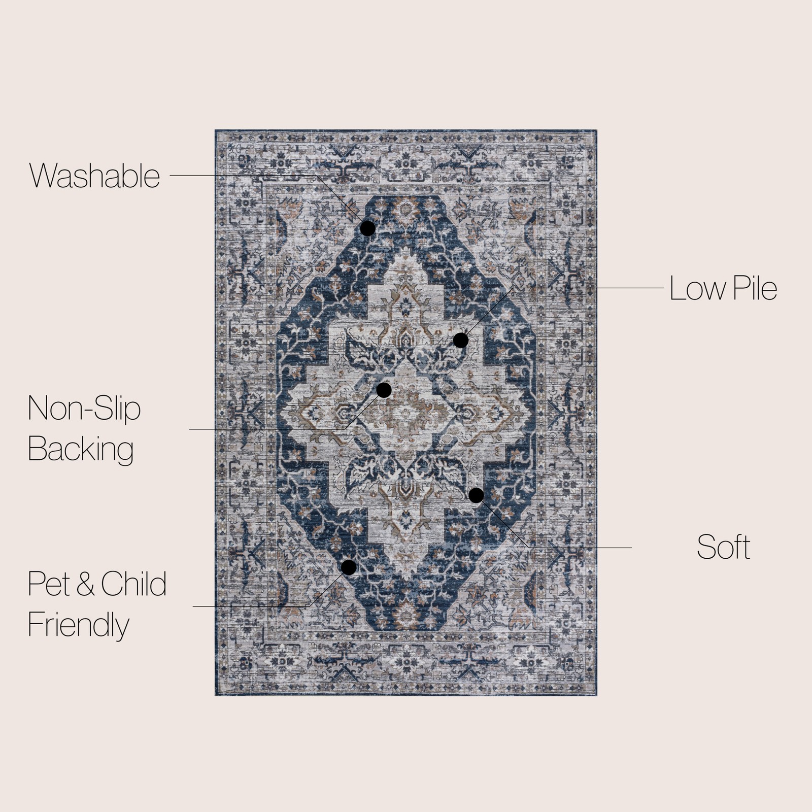 JONATHAN Y Lighting WSH102-4 Washable 4′ x 6′ Chenille Vintage – Navy / Light