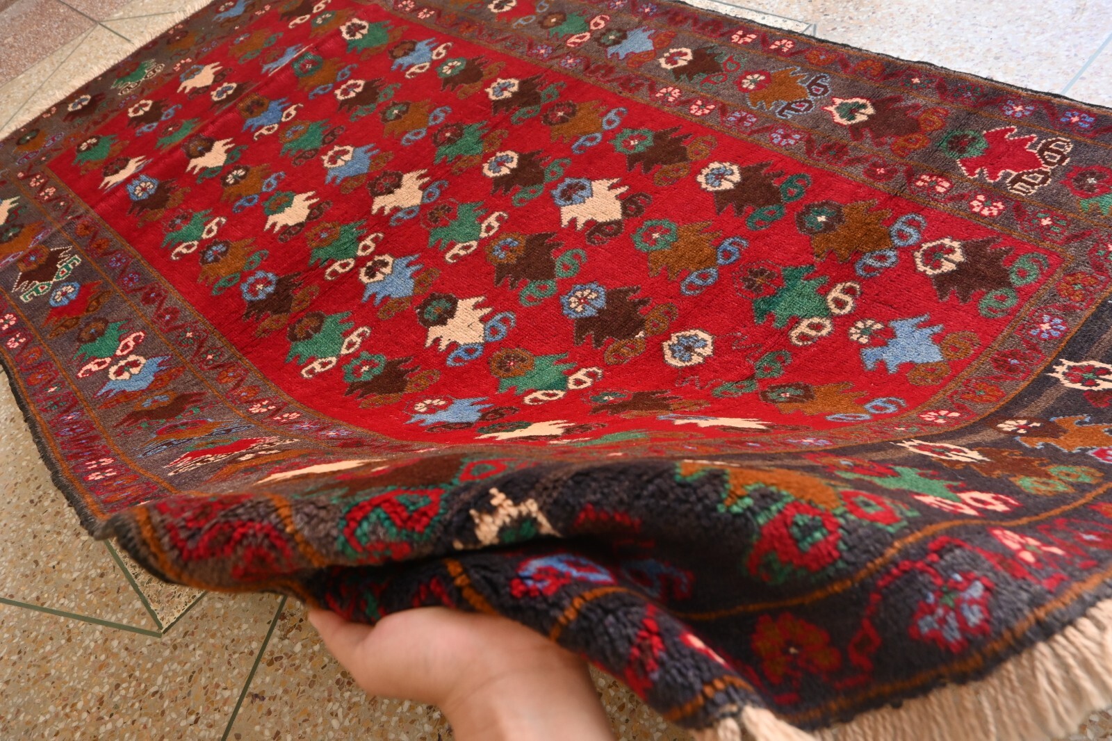 Hand-knotted Red Tribal Oriental Vintage Rug. Traditional Geometric 6’5×3’8 ft