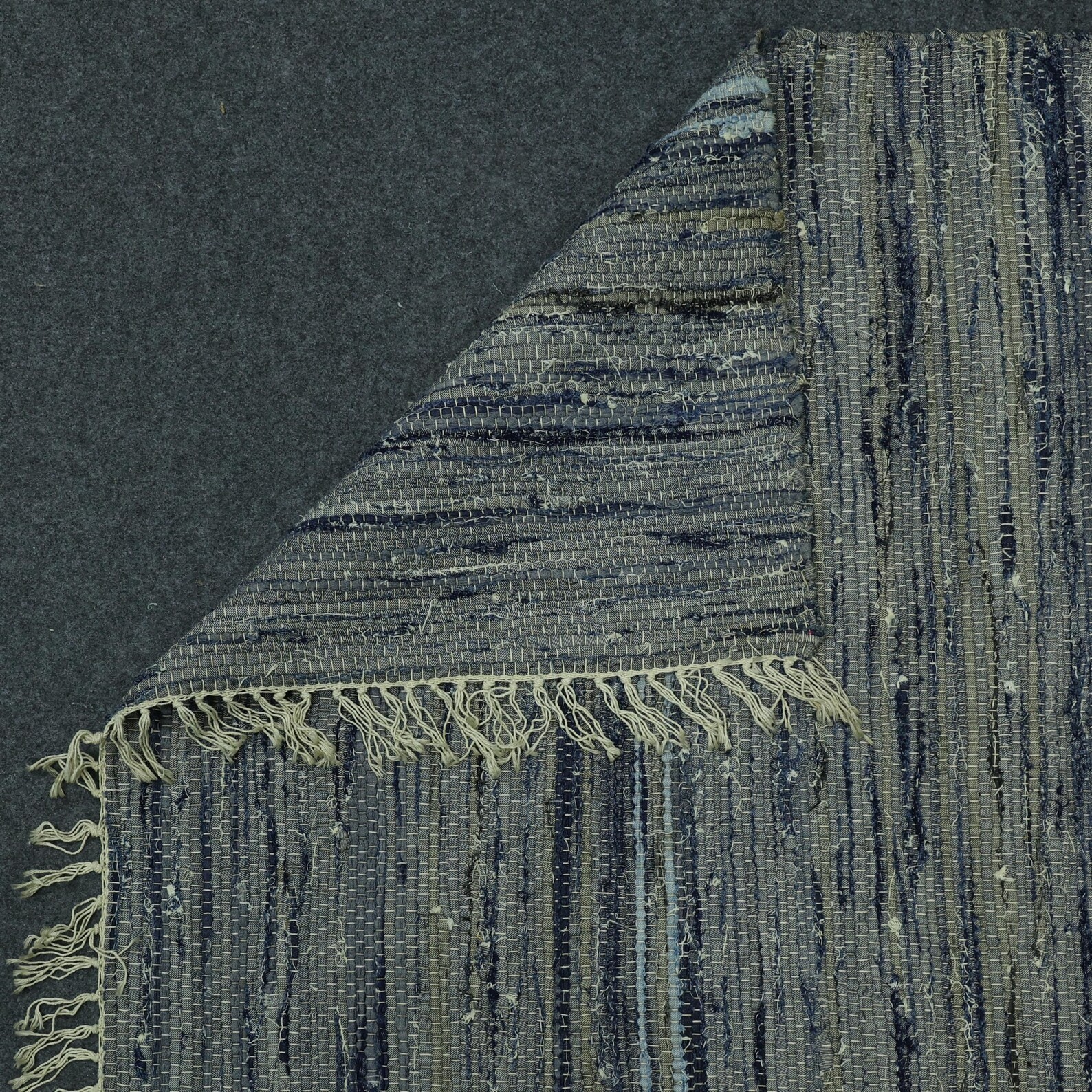 Hand Knotted Cotton Moroccan Rug Color dark blue, green, and gray. Design Carpet