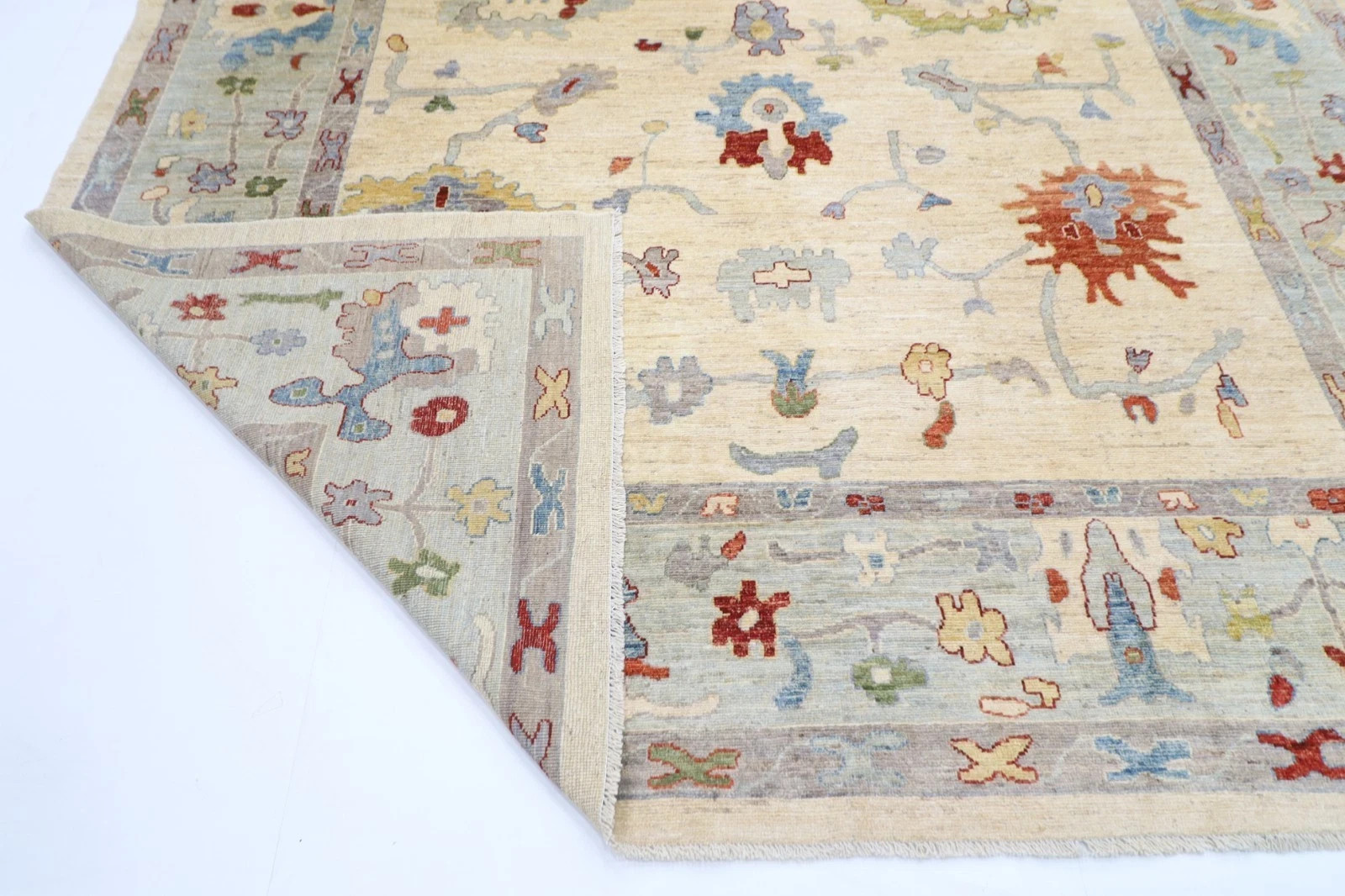 Hand Knotted Oushak Wool Rug Cream Ivory Pastel Floral Turkish Area Carpet 8×10