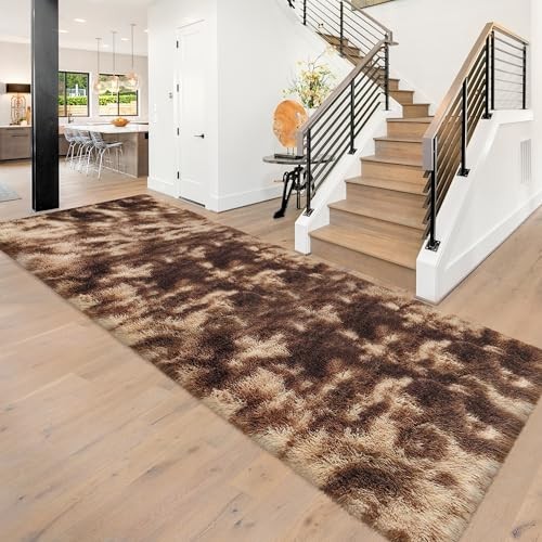 Super Soft Fluffy Living Room Area Rug 3×10 ft Tie-Dyed Brown Shaggy Furry