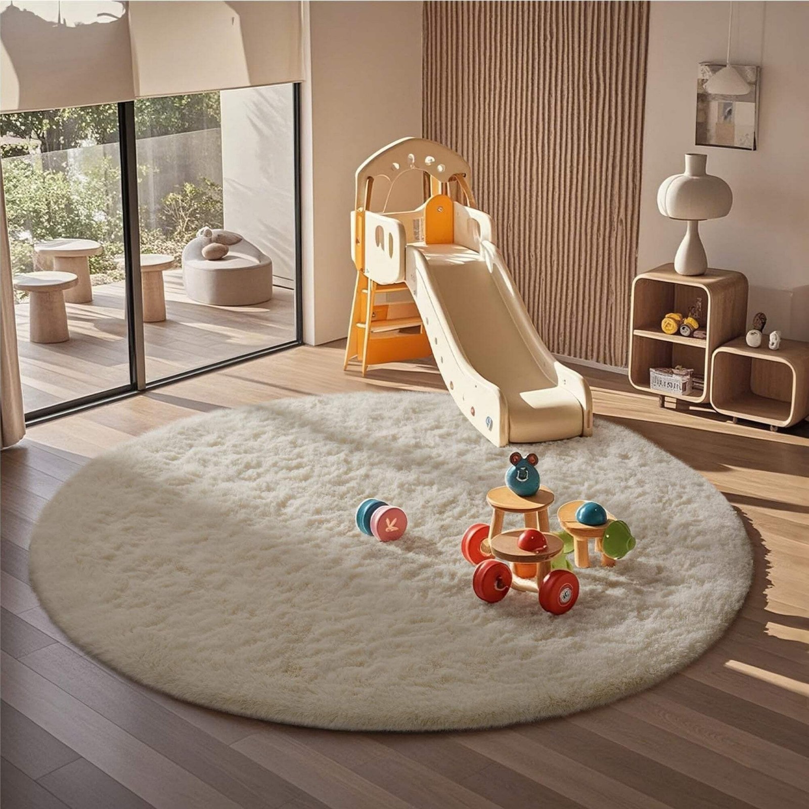 Ophanie 6ft Round Area Rug Plush Shag Circular Bedroom Nursery Rug Ivory Soft Fl