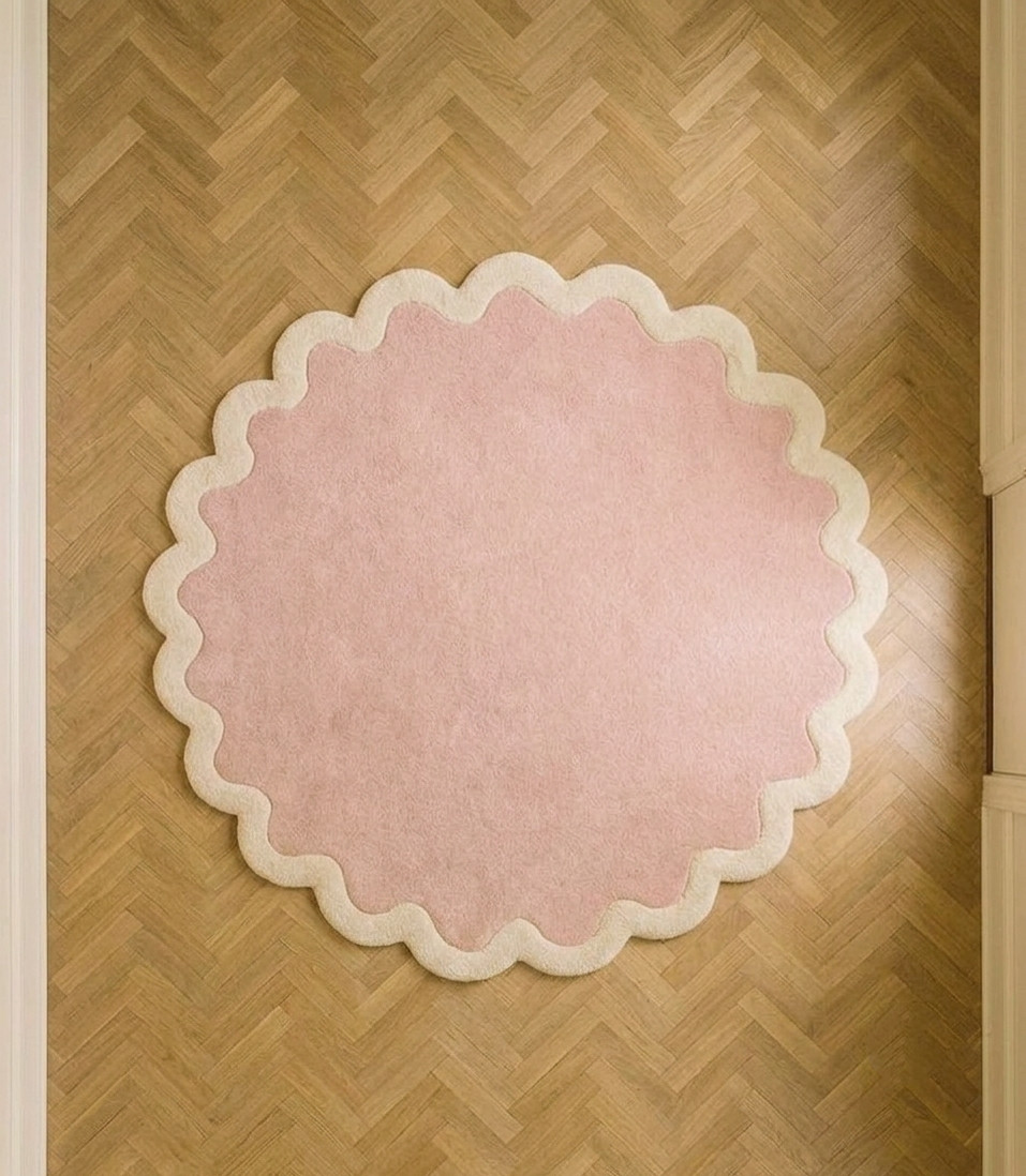 Pink White Round Hand Tufted Wool Rug Modern Handmade Living Room Hall Carpet