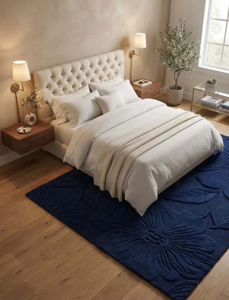 Hand Tufted Navy Blue Floral Carved Rug Modern Abstract Living Room Carpet 6×9