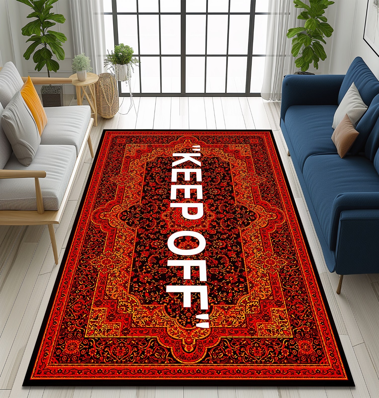 KEEP OFF Quote Rug – Red Oriental Pattern, Modern Irony Carpet, Non-Slip Stateme