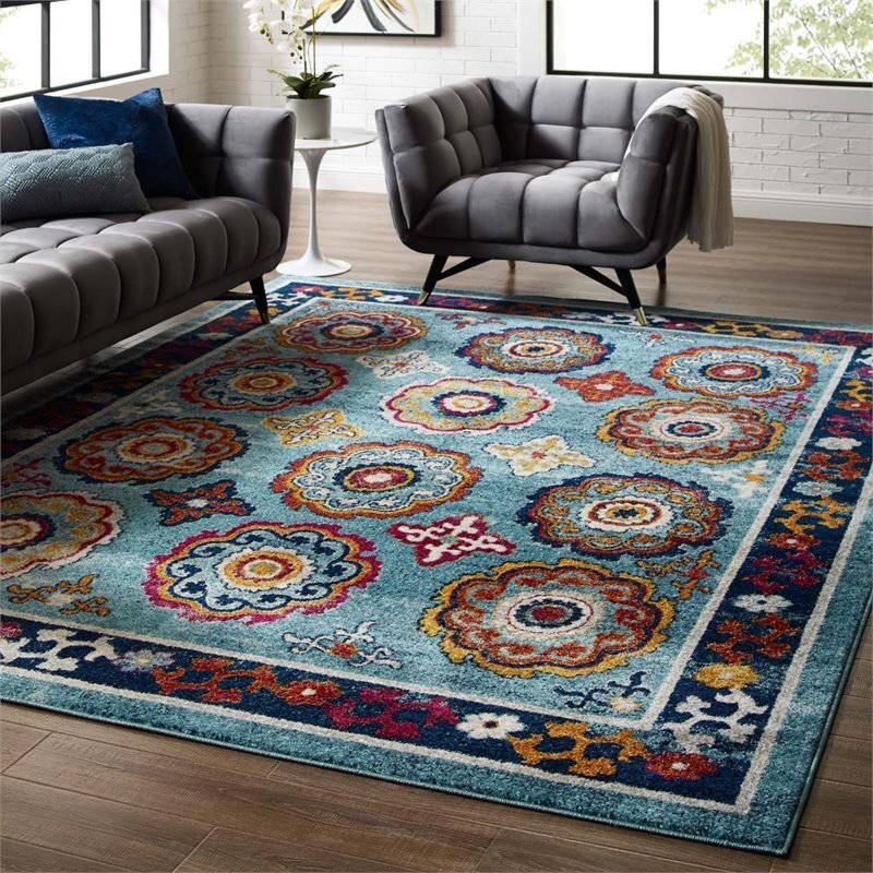Modway Entourage 94.5×122″ Odile Floral Moroccan Trellis Area Rug in Blue/Red