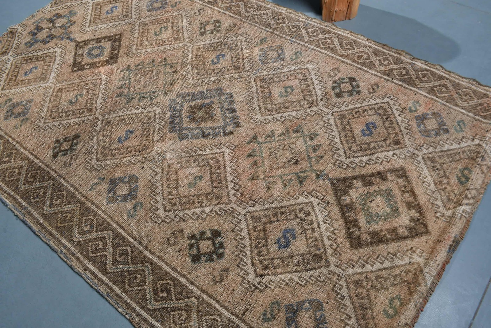 Turkish Vintage Rug, 5,3×8,2 ft Rug, Brown Blue Polka dot Rug