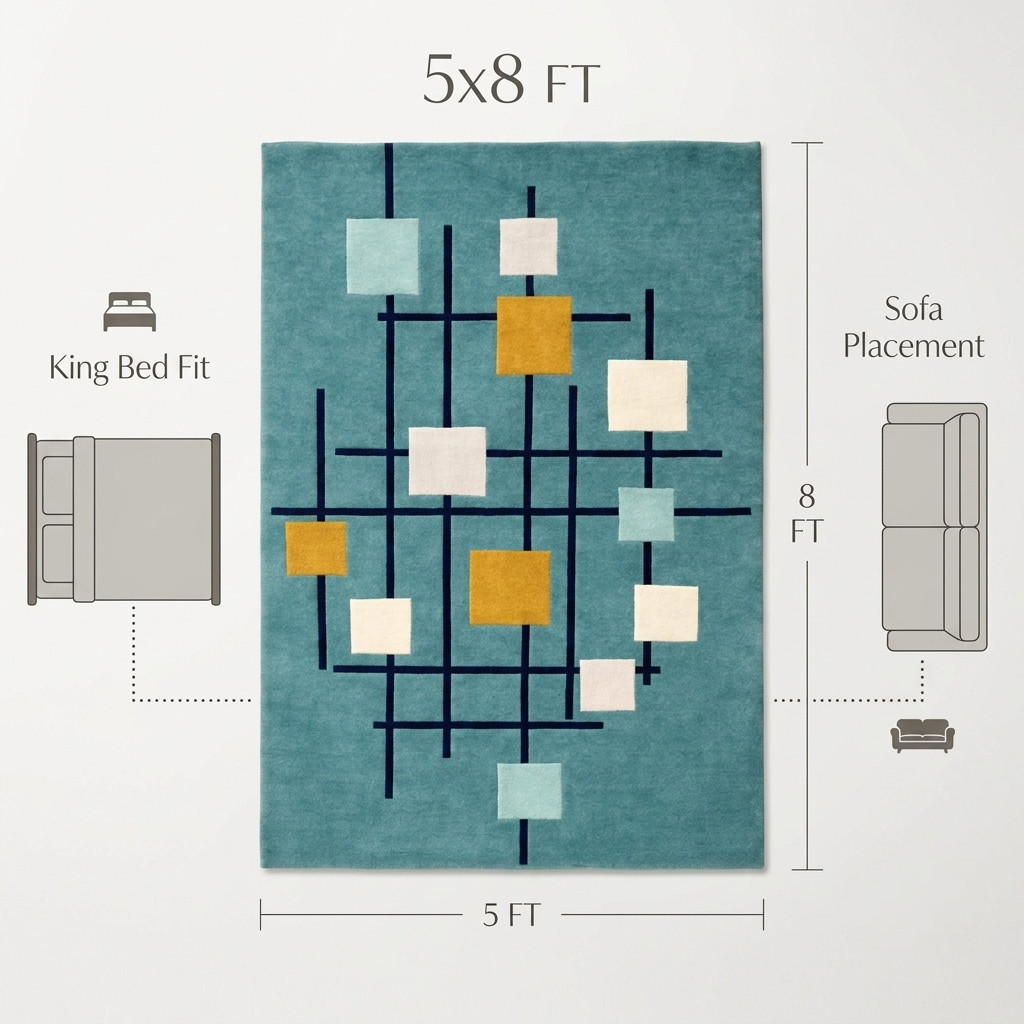Modern Abstract Hand-Tufted Wool Area Rug Teal Geometric Living Room Carpet Rug