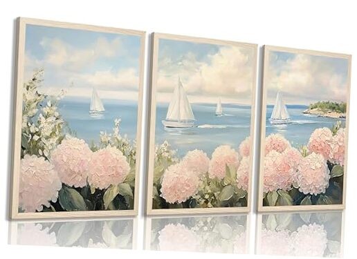 Set of 3 Pink Coastal Hydrangea Wall Art Seascape Floral Painting Picture Wall