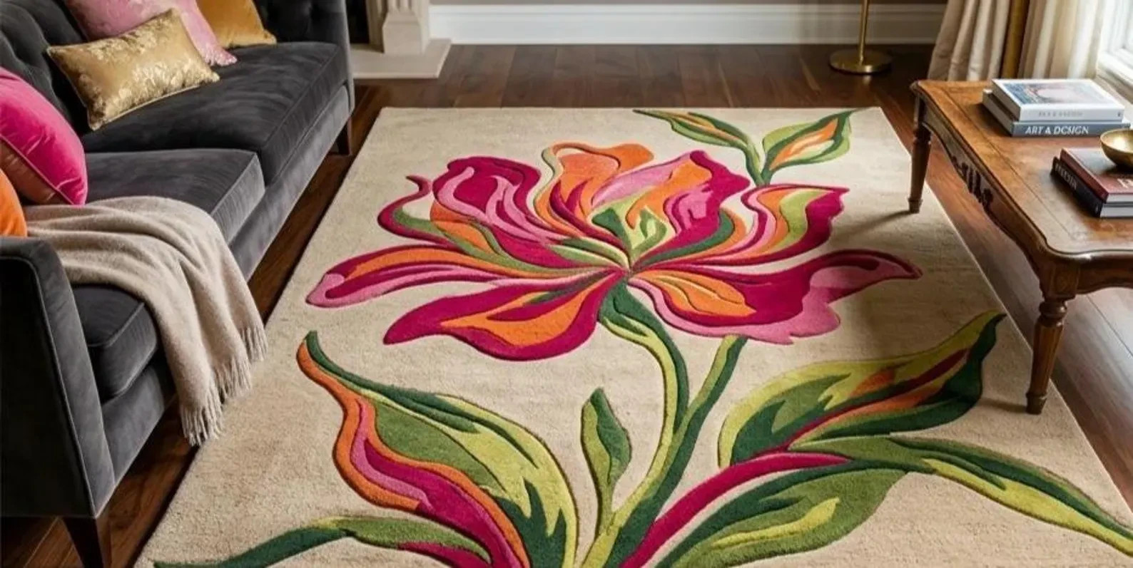 Multi-Color Hand Tufted Rug – Luxury Large Flower Botanical Design- Premium Wool