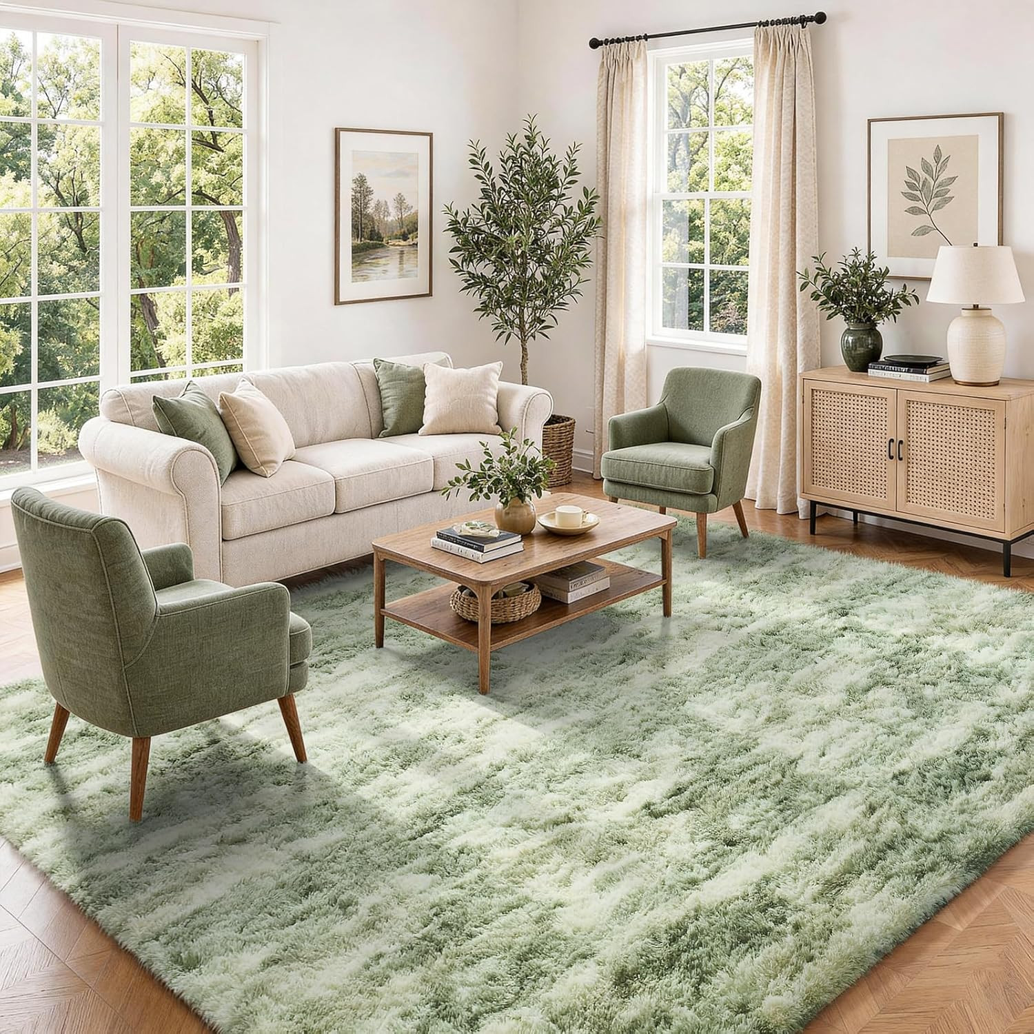 Green and White Area Rugs for Living Room 5X7,Sage Green Fluffy Shag Large Fuzzy