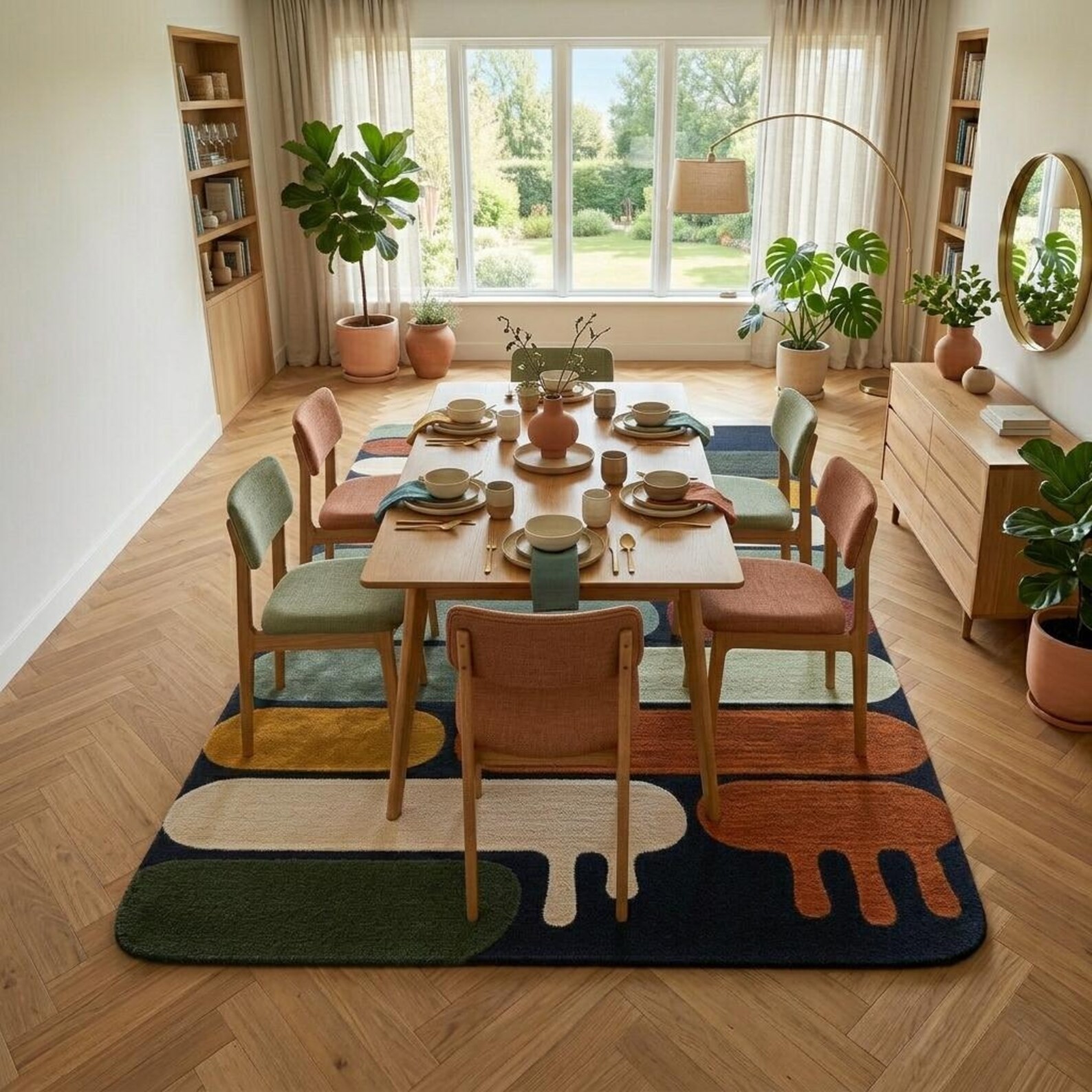 Multicolor Geometric Block Hand Tufted Wool Rug Abstract Minimalist Plush Carpet