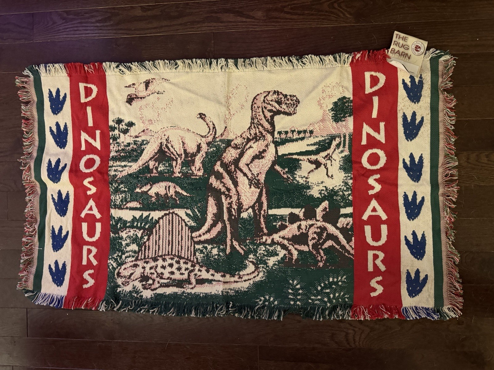 Vintage Woven Dinosaurs Tapestry Rug ‘The Rug Barn’ Floor Mat NWT 29” x 48”