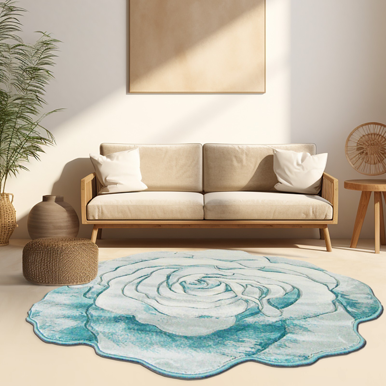 Flowers Hand Carved Floral Rose Novelty Thick Rug 304 Blue 6’6”x6’6” Round