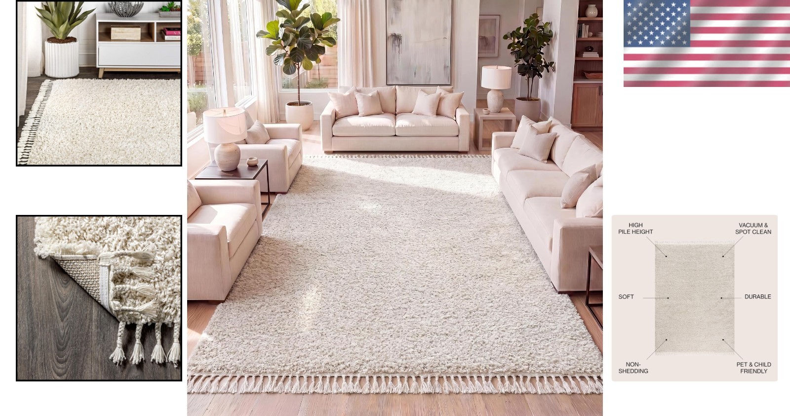 Water-Resistant Mercer Shag Rug, 3’1″ x 5′ – Soft Cream Ideal for Living Room