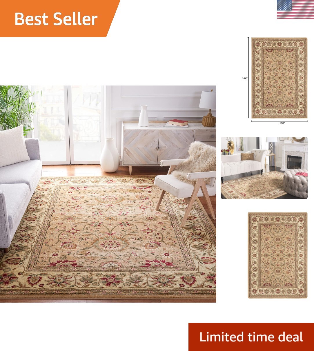 Lyndhurst Collection 9′ x 12′ Area Rug – Elegant Beige & Ivory Oriental Design