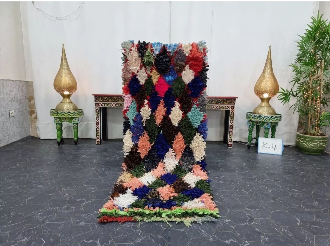 Moroccan Handmade Vintage Boucherouite Rugs Geometric Multicolor Carpet Size