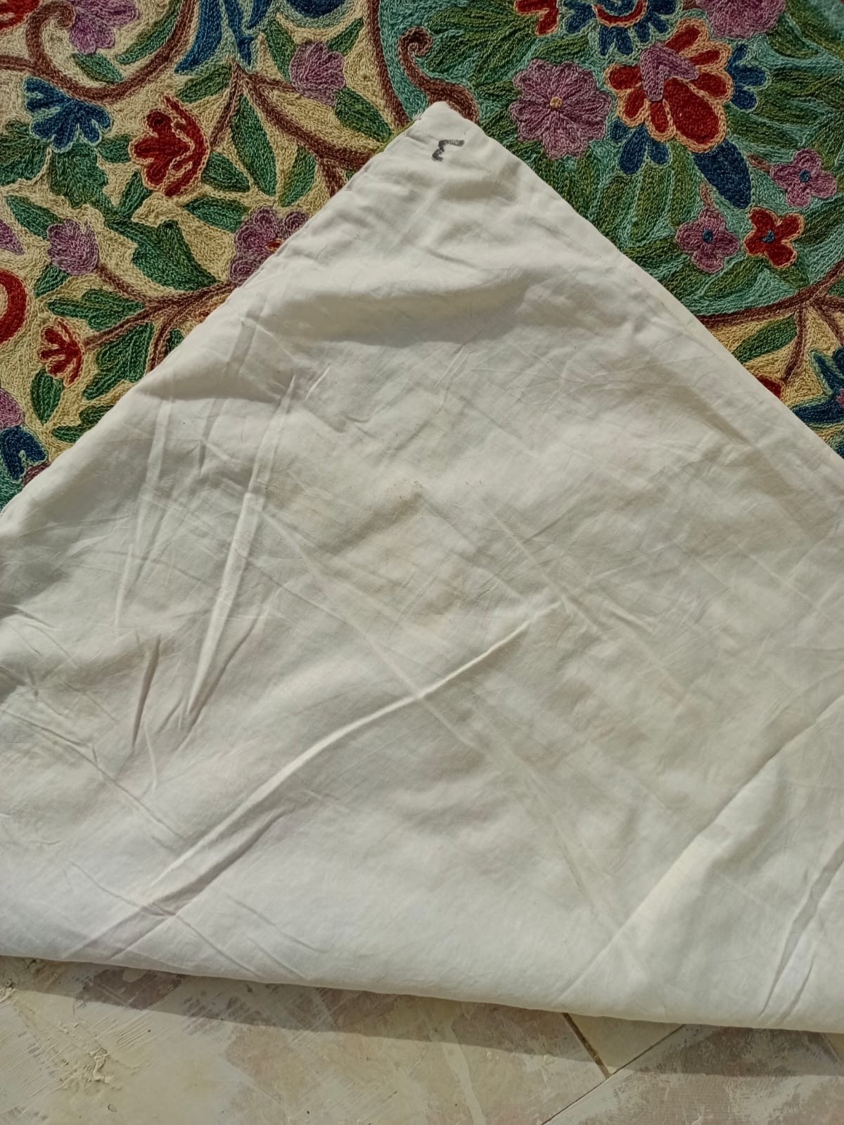 Vintage Fabulous Hand Wool Embroidered Kashmiri Chain Stitch Rug Floor Area