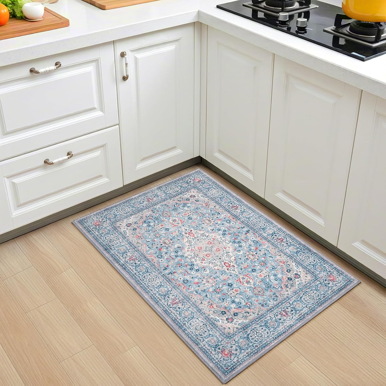 Blue Small Washable Area Rug, 2×3 Boho Vintage Entryway Rugs, Soft Non Slip Flor