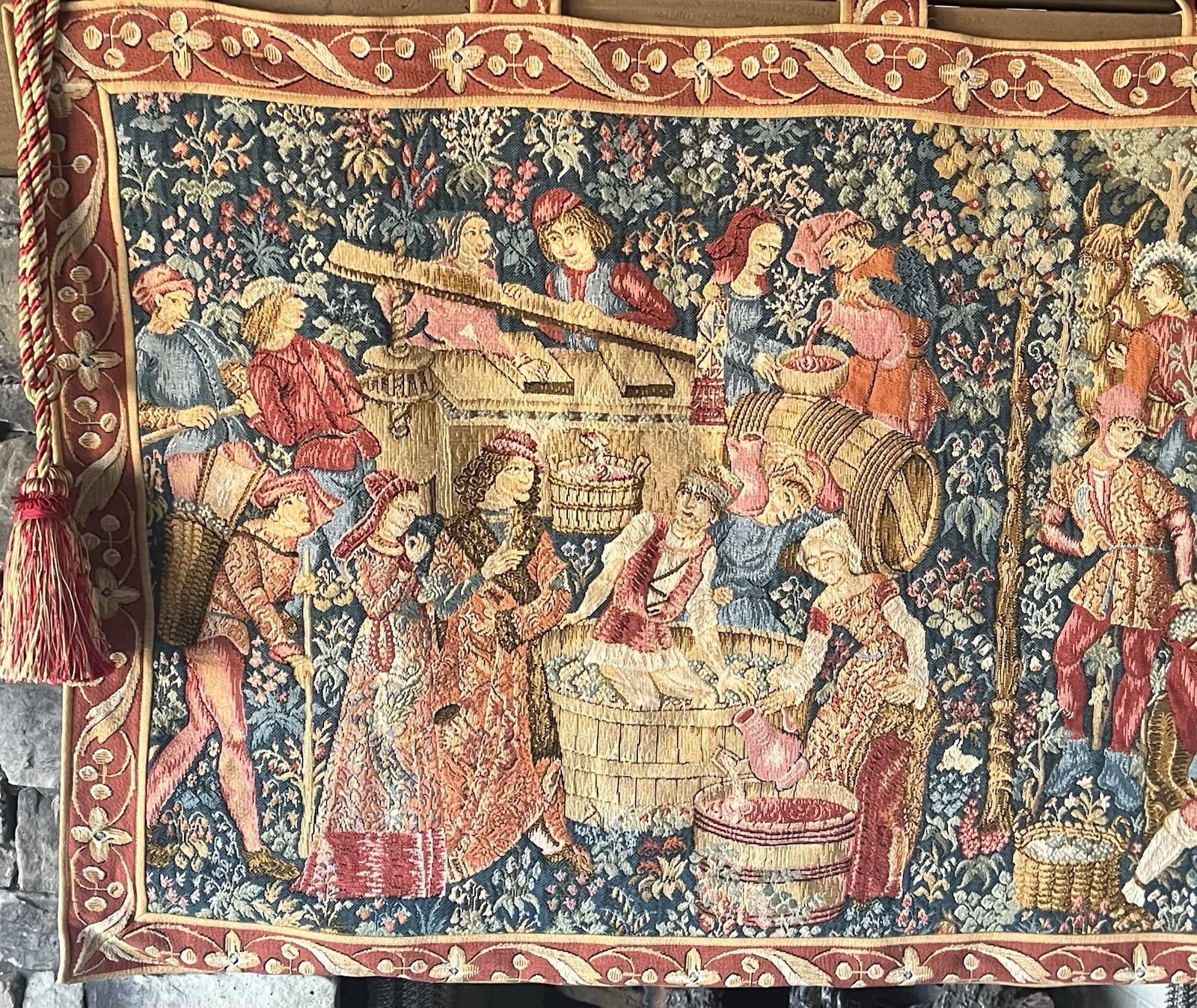Vintage French Tapestry Stunning Tapestry w/Hanging Rod & Tassels 52”x34”