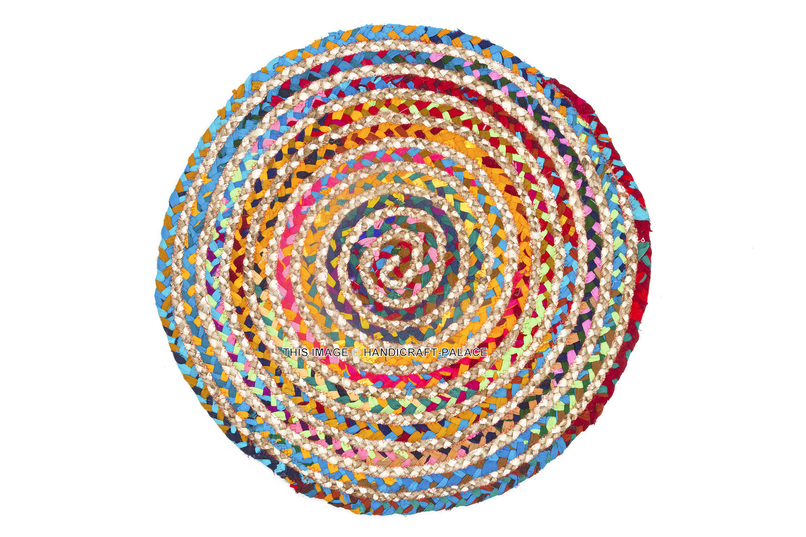 2 ft Round Colorful Natural Jute Chindi Sisal Woven Area Braided Rug Boho Indian
