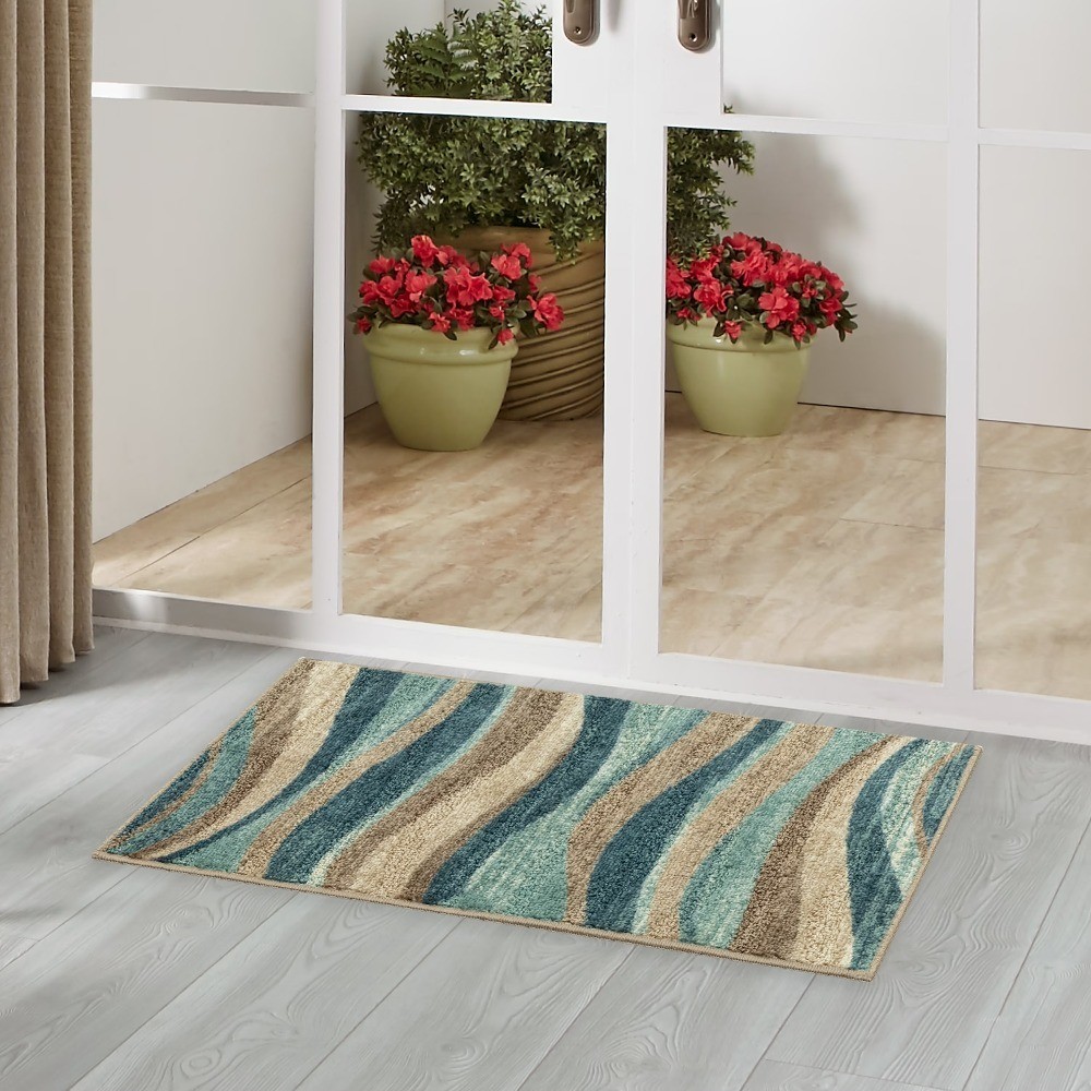 Geometric Blue and Brown Wave Pattern Indoor Entryway Runner Rug 1ft 8in x 2ft