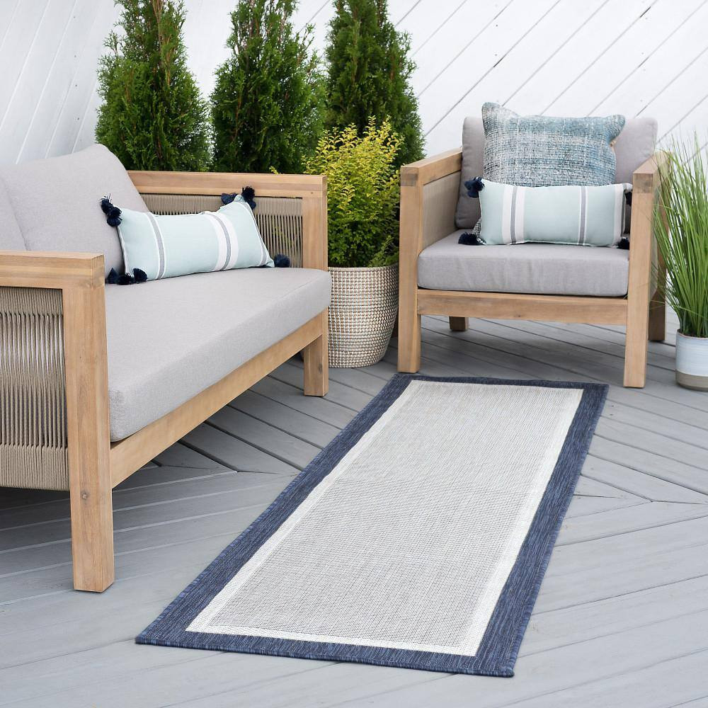 Eco Solid Border Navy 3 Ft. X 10 Ft. Indoor/Outdoor Runner Rug