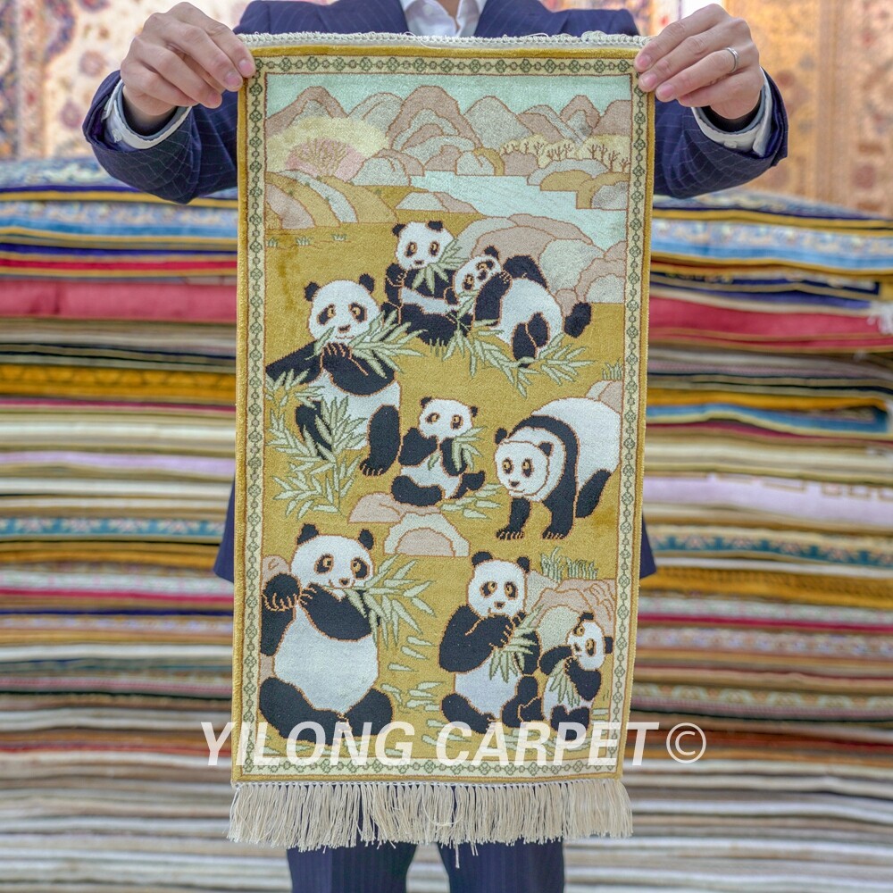 2x1ft Panda Pattern Tapestry Area Rugs Hand Knotted Silk Carpet 029H