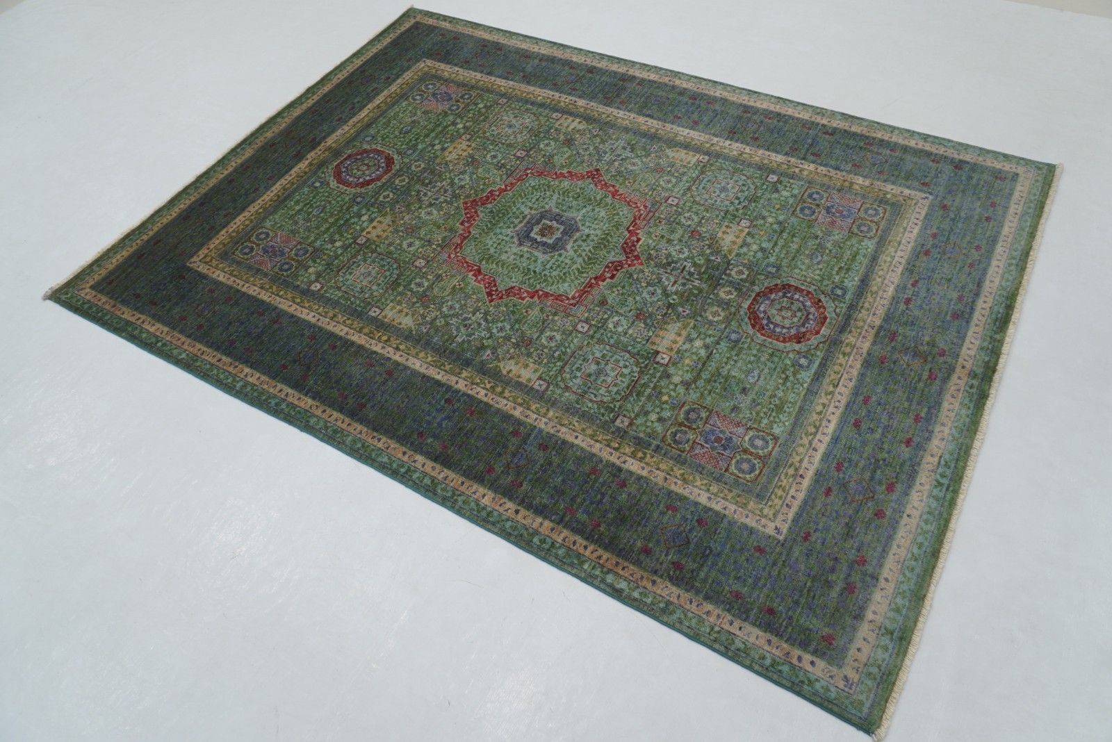 5×7 ft Green Mamluk Afghan Hand Knotted Wool Medallion Rug