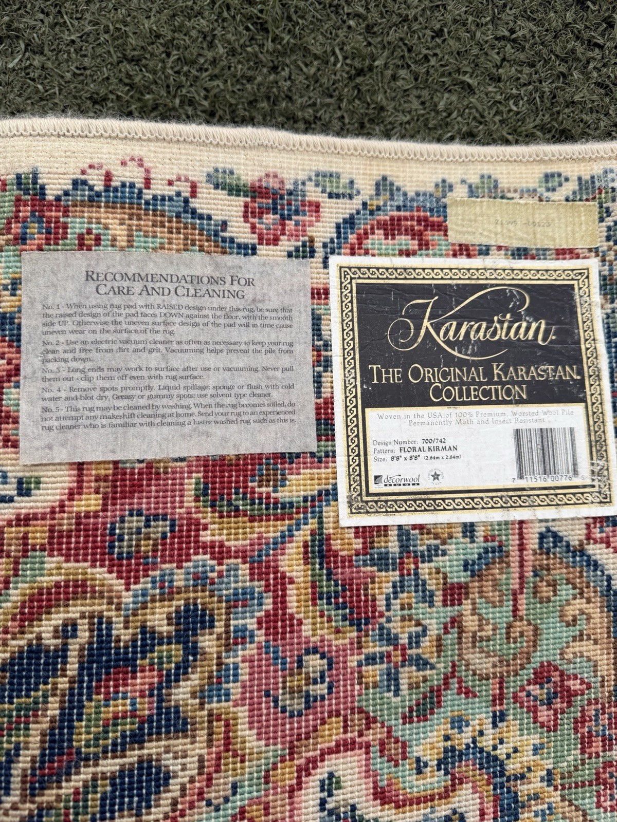 Karastan Floral Kirman Wool Area Rug 8×8 ft Moth & Insect Resistant