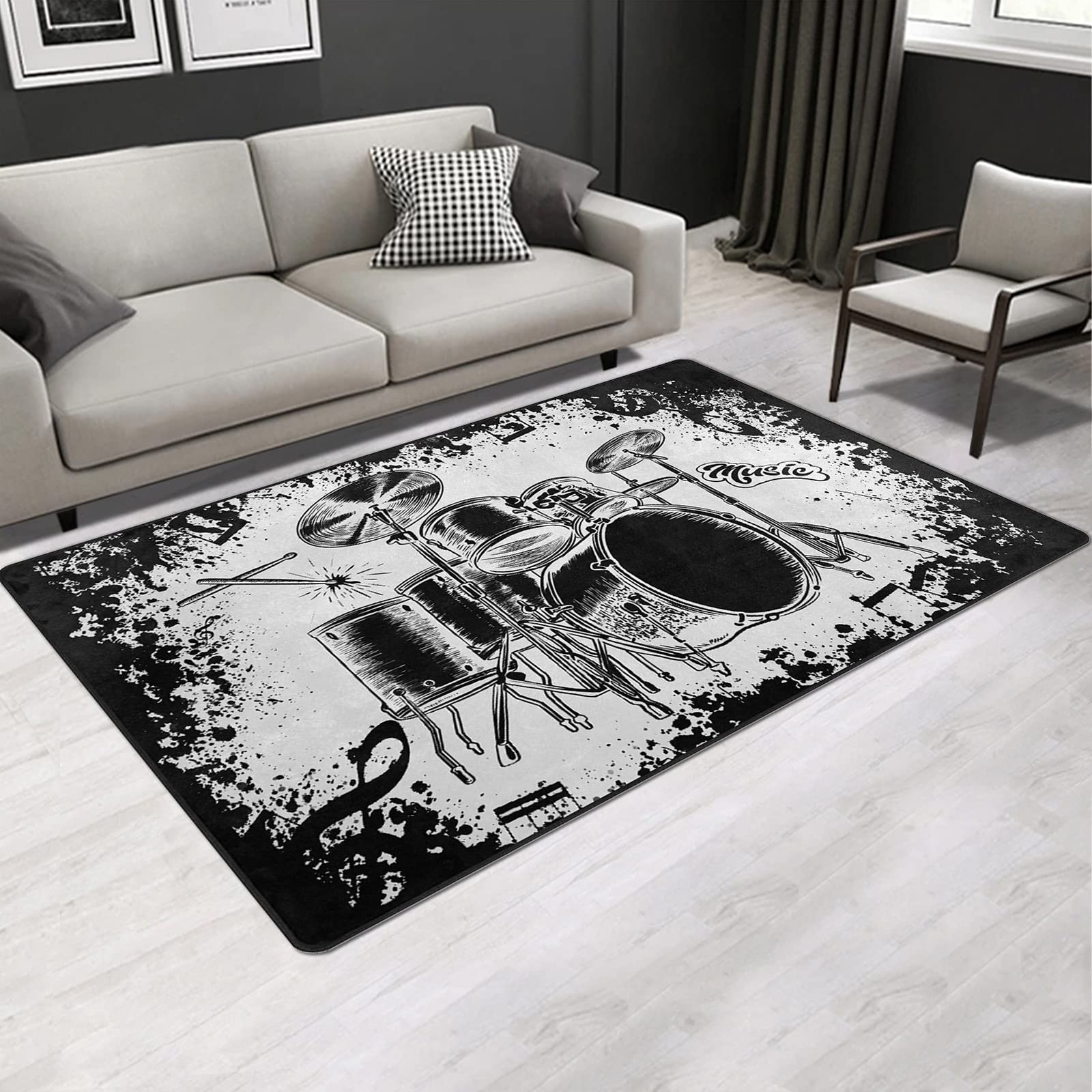 Engree Music Area Rug Drum Set Vintage Black Music Rugs Throw Rugs Non-Slip