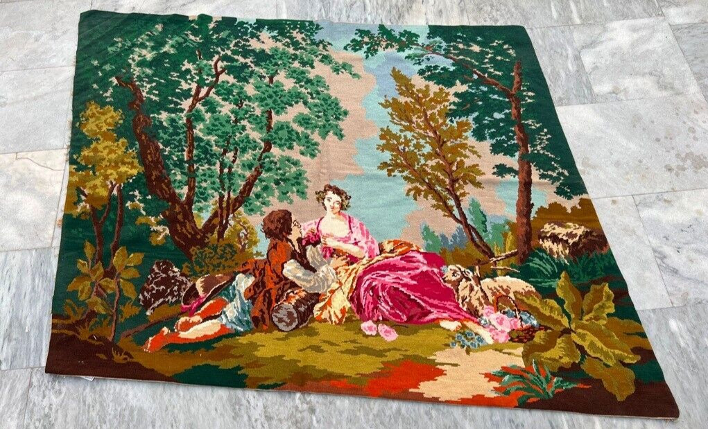 Vintage Tapestry, Handmade French Tapestry Pictorial Wall Décor Tapestry 4×4 ft